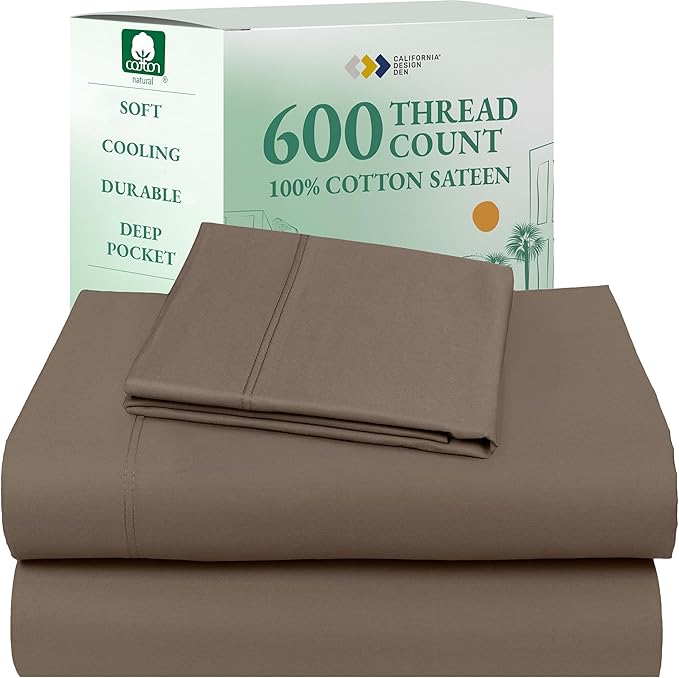California Design Den Twin Bed Sheets 100% Cotton, 600 Thread Count Sateen, Soft, Cooling Brown Twin Sheet Set, Hotel-Quality Bedding with Deep Pockets (Mushroom - Taupe Brown)