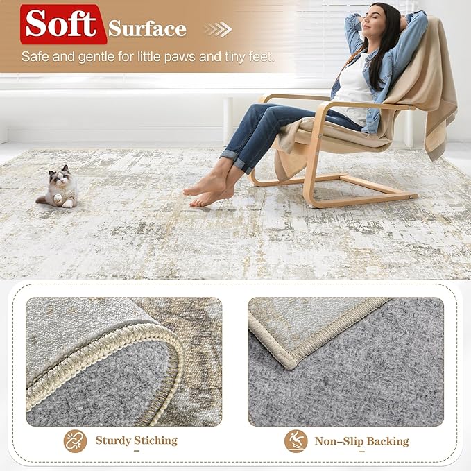 8x10 Area Rugs for Living Room: Washable Modern Abstract Rug Large Soft Non Slip Living Room Rug Indoor Low Pile Carpet for Bedroom Dining Room Home - Beige Grey Brown
