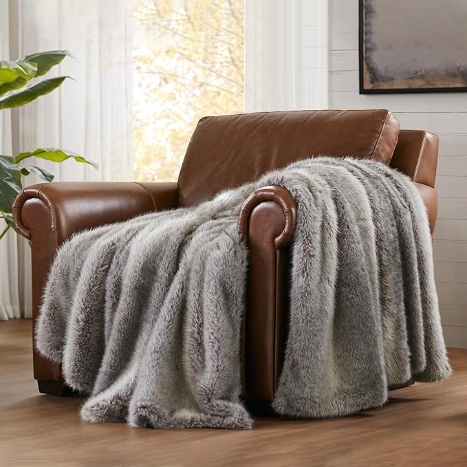 Hyde Lane Faux Fur Throw Blanket - Ultra Long Pile, Luxury Fluffy Chinchilla Gray Fur Blankets, Fuzzy Plush & Soft Throws for Sofa Couch, Gift for Women, 50x60
