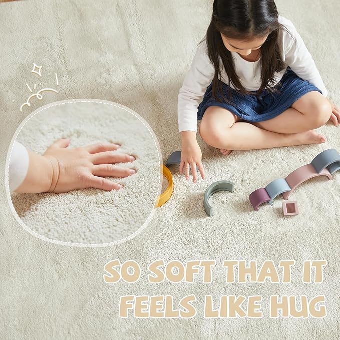 jinchan Solid Plush Runner Rug 2x5 Performance Shaggy Washable Hallway Rug Soft Modern Faux Wool Cozy Non Slip Carpet for Bedroom Laundry Room Living Room Kids Nursery Ivory