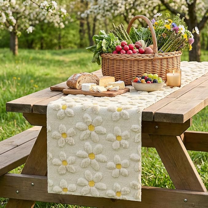 Artoid Mode Beige Soft Plush Faux Fur Jacquard Embroidery Daisy Spring Table Runner, Kitchen Dining Table Decoration for Home Party Decor 13x36 Inch