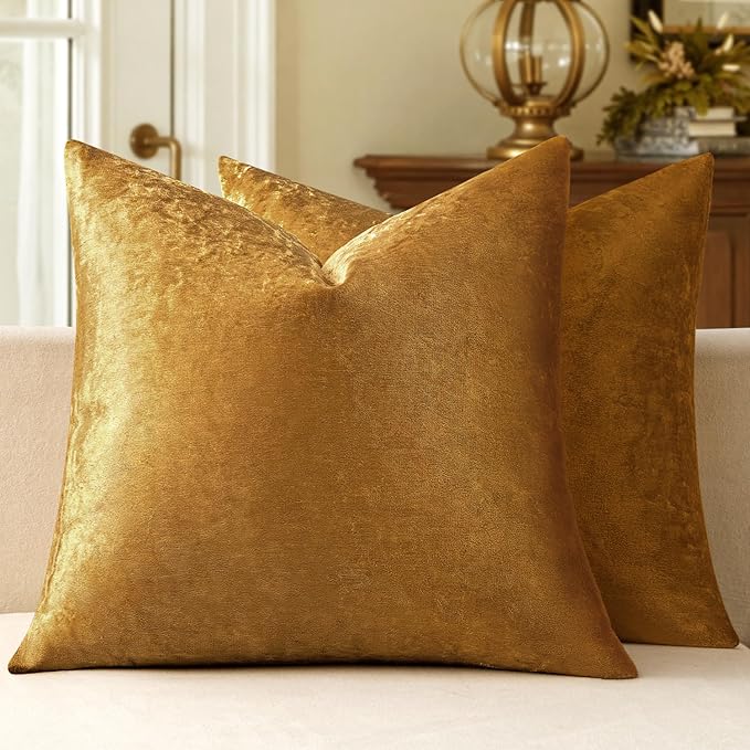 MIULEE Pack of 2 Velvet Soft Solid Decorative Square Throw Pillow Covers Set Fall Cushion Cases for Sofa Bedroom Couch 18 x 18 Inch Dark Gold