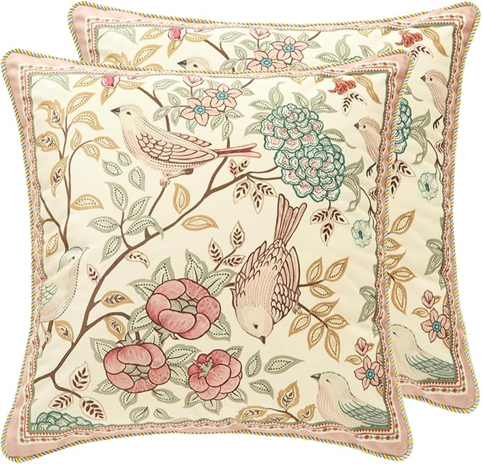 patdrea Velvet Euro Sham Decorative Throw Pillow Covers Set Soft Durable Cushion Cases Pillowcase for Couch Bedroom Car (2 Pack Pink Floral Bird)