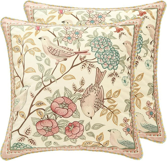 patdrea Velvet Euro Sham Decorative Throw Pillow Covers Set Soft Durable Cushion Cases Pillowcase for Couch Bedroom Car (2 Pack Pink Floral Bird)
