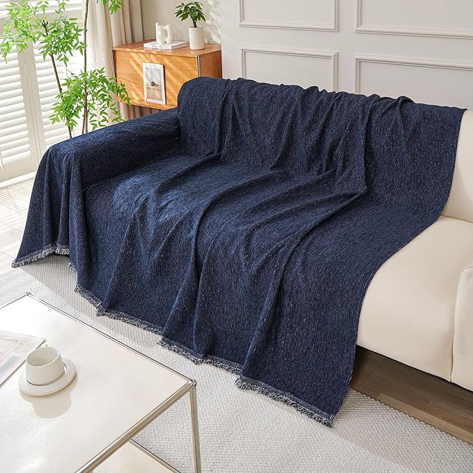 DREAMINGO Navy Blue Couch Cover Thick Chenille Couch Cover Blanket for 3 Cushion Washable Pet Furniture Protector Extra Large Sofa Slipcover 71x150 Inch for 3 Seater Sofa