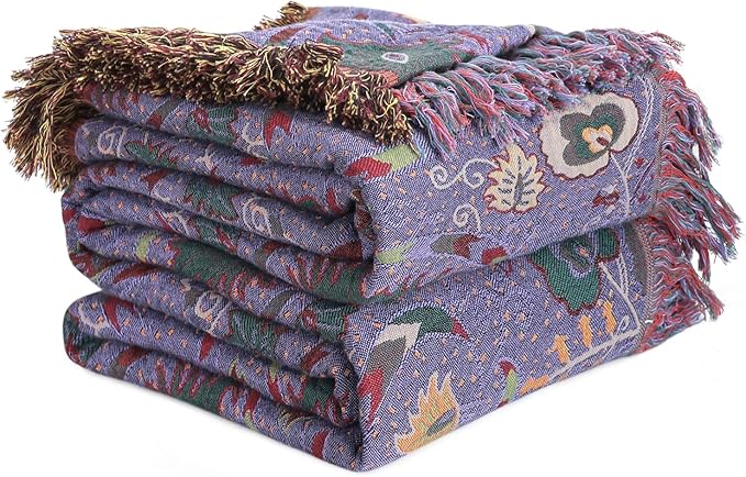 Boho Throw Blanket for Bed 100% Cotton Ultra Soft Rustic Quilt Farmhouse Decor Bed Fall Blanket,All Season Rustic Throw for Sofa Couch Chair (Flower-Purple, 80"×90")