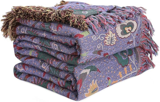 Boho Throw Blanket for Bed 100% Cotton Ultra Soft Rustic Quilt Farmhouse Decor Bed Fall Blanket,All Season Rustic Throw for Sofa Couch Chair (Flower-Purple, 80"×90")