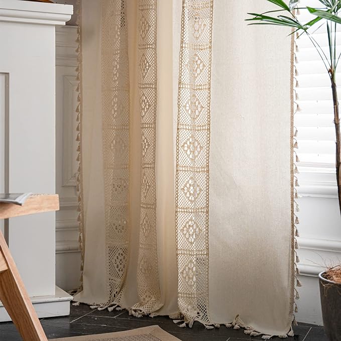 Sutuo Home Boho Curtain Crochet Lace Patchwork Semi-Blackout Bohemian Handmade Tassels, Rod Pocket Window Treatment Vintage Rustic Farmhouse Drapes for Living Bedroom, 1 Panel 59" W x 63" L, Beige