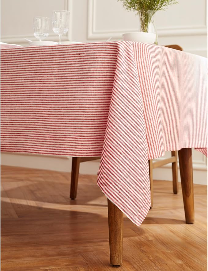 Solino Home Linen Tablecloth 60 x 90 Inch - Narrow Stripe 100% Pure Linen Red and White Table Cloth for Rectangle Tables - Machine Washable Tablecloth for Christmas, Holiday, Winter