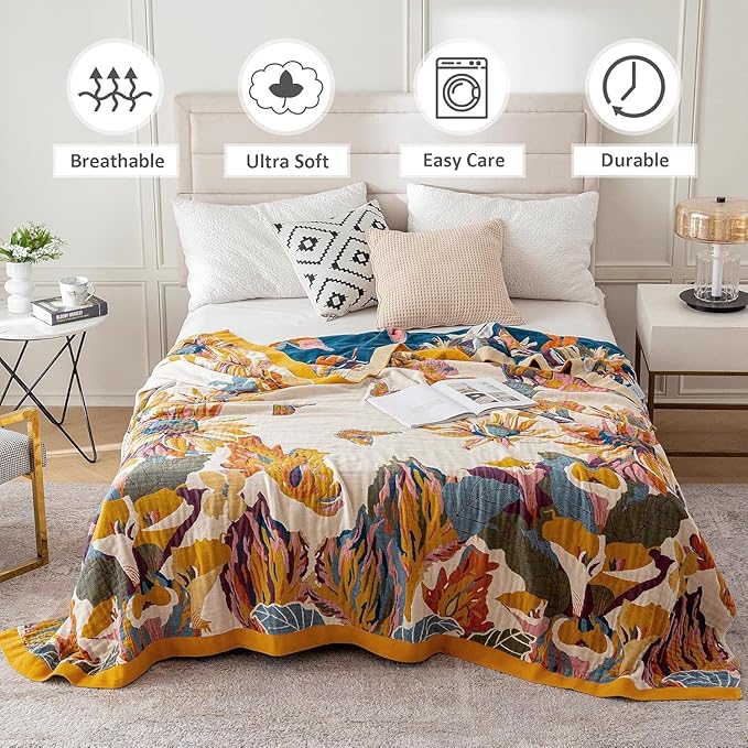 Queen Throw Blanket for Bed 100% Cotton Boho Ultra Soft Quilt Butterfly and Floral Double Embroidery Fall Queen Bed Blanket Bedspread,90"x 90" All Season Blankets for Bedding Couch