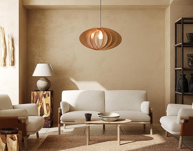 DEZAART Wooden Pendant Light – Handmade Mid-Century Style Fixture / 1m Cord / E27 / Warm Lighting for Earthy Bedrooms, Modern Dining, or Cozy Home Interiors