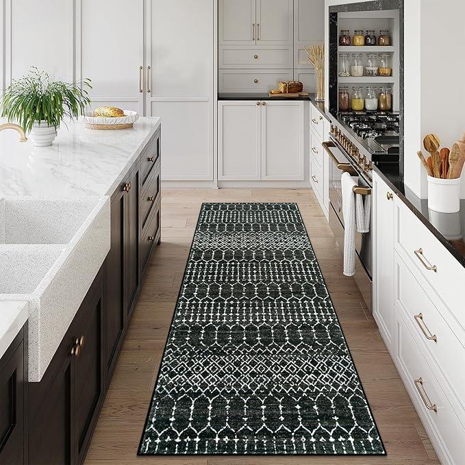 Lahome Moroccan Black Washable Runner - 2x5 Non-Slip Lightweight Laundry Room Rug Throw Soft Long Bathroom Rug, Geometric Print Carpet Runners for Kitchen Hallway (Black, 2'x5'')