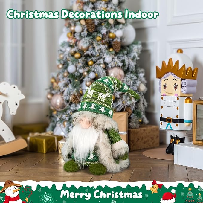 Gnome Christmas Decorations - Plush Nordic Figurine with Green Reindeer Knit Hat & Faux Fur Cloak, Rustic Tabletop Holiday Gnome Decor for Mantel, Shelf, or Gift Idea