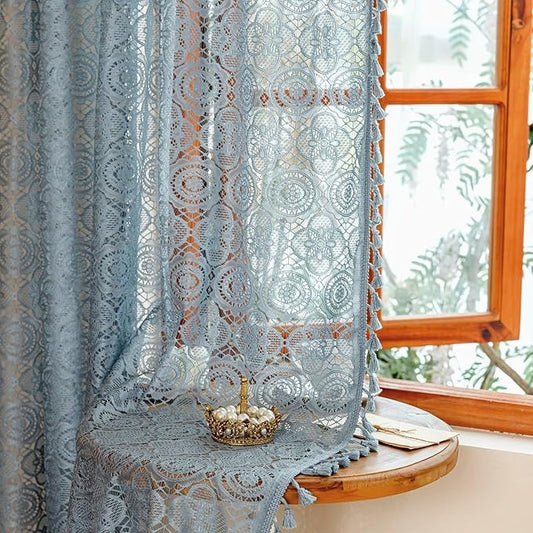 YJ YANJUN Blue Boho Curtains 2 Panles -72 Inches Long, Vintage Lace Window Panels with Tassels for Living Room Bedroom Sliding Door, Semi Sheer, Privacy, Ocean Coastal Décor W59 x L72 Dusty Blue