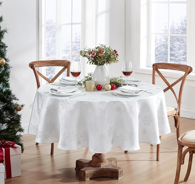 Newbridge Fancy Metallic Snowflake Christmas Fabric Tablecloth, 70 Inch Round, White Silver, No-Iron Soil Resistant Sparkling Snowflakes Woven Holiday Table Cover