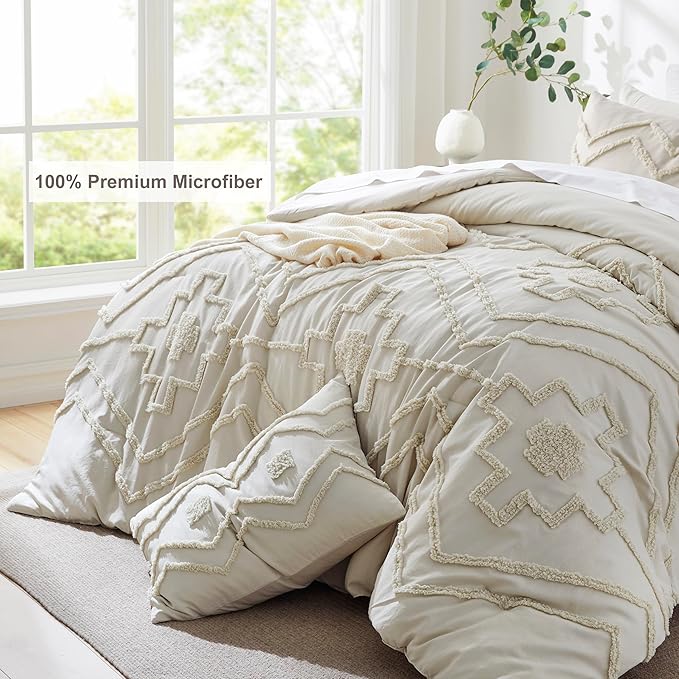 Oli Anderson Boho Tufted Comforter Set Queen Size, 3 Pcs Soft Jacquard Bedding Set for All Seasons, Shabby Chic Farmhouse Bedding Set with Comforters for All Seasons (Beige, Queen)