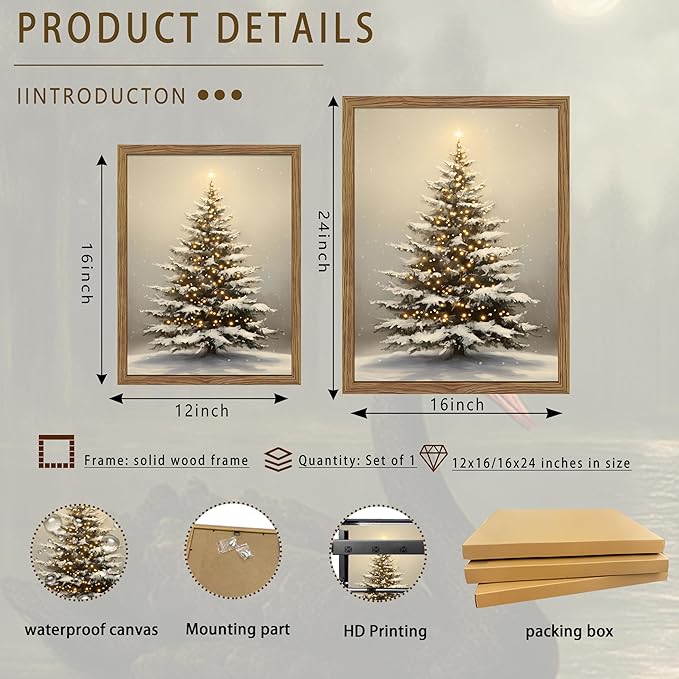 Vintage Christmas Pictures Wall Decor, Framed Christmas Tree Wall Art, Rustic Winter Holiday Pine Tree Print, Snowscape Botanical Canvas Artwork for Living Room Bedroom – 12x16in