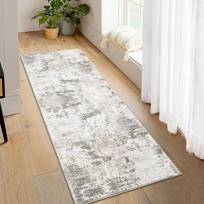 Modern Abstract 2x10 Runner Rug Non Slip Non Shedding Rug Low Pile Stain Resistant for Bedroom Hallway Kitchen,Taupe/Beige