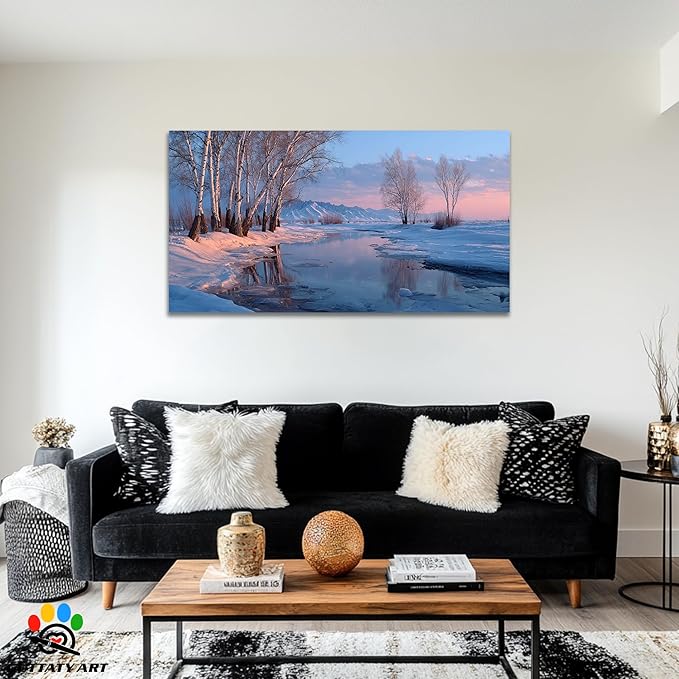 GUTTATY Christmas Winter Birch Canvas Wall Art, Snowy River Landscape Canvas Painting, Tranquil Winter Nature Scene Pictures Prints for Living Room, Bedroom, Holiday Hanging Artwork, 60x30 Inch
