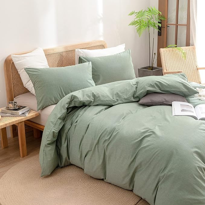 BESTOUCH Duvet Cover Set 100% Washed Cotton Linen Feel Super Soft Comfortable Chic Lightweight 3 PCs Home Bedding Set Solid Green Super Queen