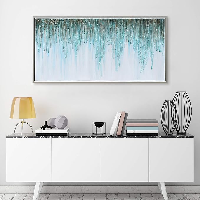 Empire Art Direct Abstract Wall Art Textured Hand Painted Canvas by Martin Edwards, Champagne Silver Frame, 24" x 48", Green Frequency