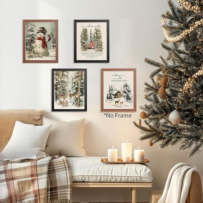 AEHIE Vintage Winter Holidays Snowman Wall Art Poster Prints for Home,Rustic Reindeer pine tree Decor, Snow Forest Frost Pictures Xmas Tree Deer Mountain House Photo Wall Art Unframed 4pcs 8x10inch