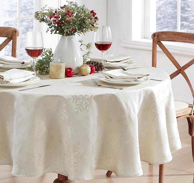 Newbridge Fancy Metallic Snowflake Christmas Fabric Tablecloth, 70 Inch Round, Ivory Gold, No-Iron Soil Resistant Sparkling Snowflakes Woven Holiday Table Cover
