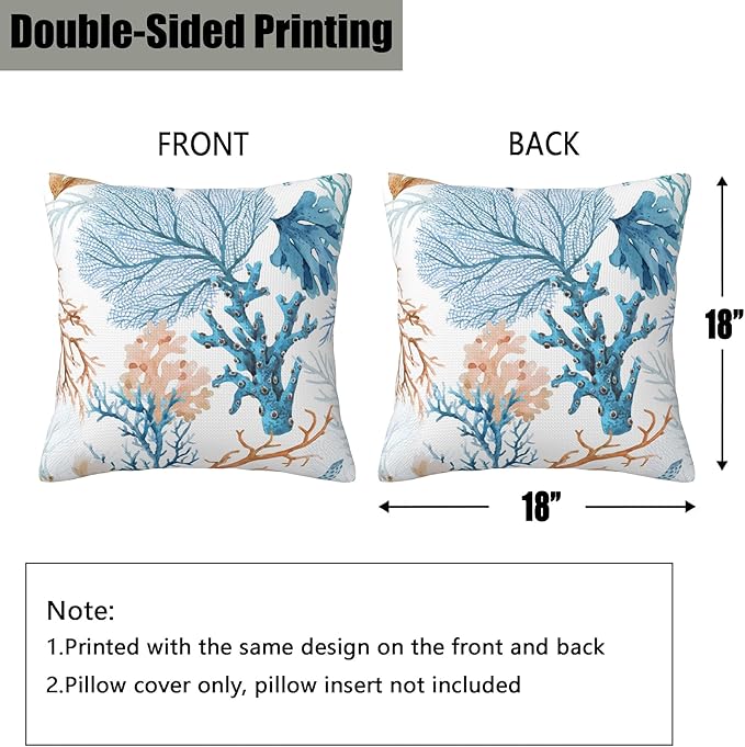 Pillow Covers 18X18 Set of 2, Blue and Brown Corals Decorative Throw Pillow Covers, Colorful Underwater Sea Life Pillow Cover Pillowcase Cushion Case for Home Sofa Couch Indoor Outdoor