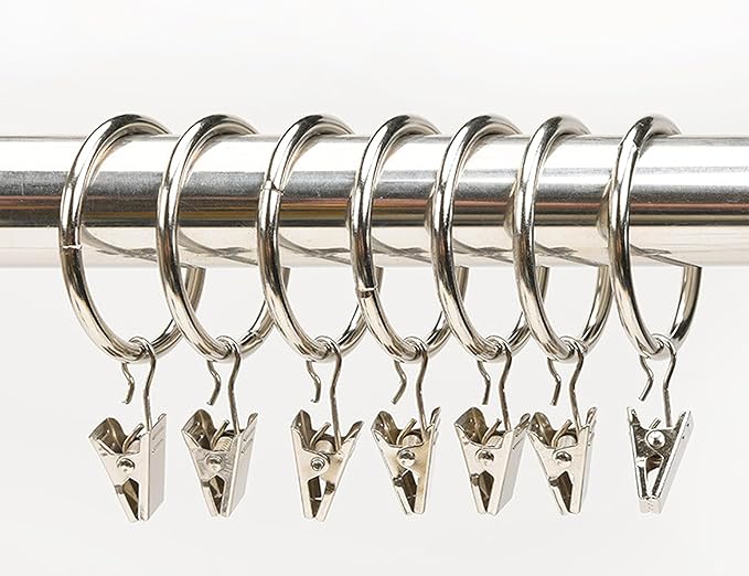 LBY 30 Pack Curtain Rings with Clips, 33mm(1.3'') Interior Diameter Metal Curtain Rings, for Hanging Drapery Drapes Bows, Silver