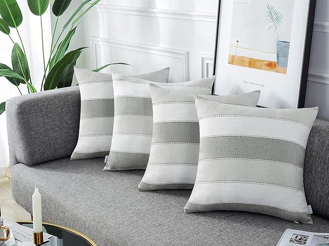 AmHoo Pack of 2 Farmhouse Stripe Check Throw Pillow Covers Set Case Cotton Linen Decorative Pillowcases Cushion Cover for Couch Bench Sofa 16x16Inch Light Grey Beige