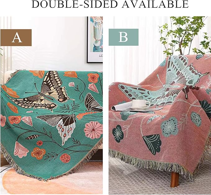 Double-Sided Cotton Woven Throw Blanket with Tassel Jungle Bohemian Style Tapestry Shawl Multi-Function Decorative Throws for Sofa Bed Armchair Camping Blanket Tablecloth Carpet 160x130cm