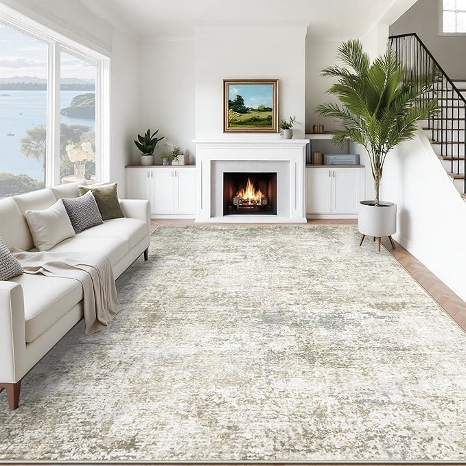 8x10 Washable Area Rug for Living Room: Modern Abstract Rugs Soft Non-Slip Low-Pile Indoor Floor Carpet for Bedroom, Dining Room, Nursery (BeigeBrownBlue, 8'x10')