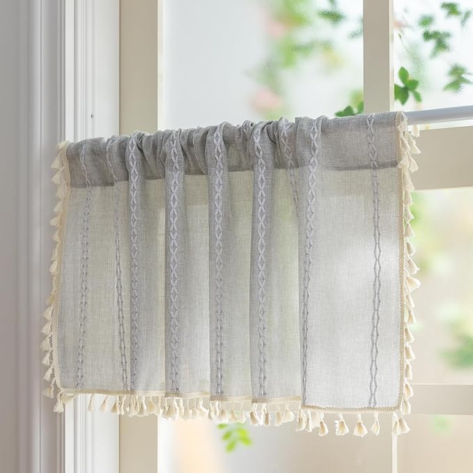 Sutuo Home Boho Curtains Valance for Cafe Windows, Bohemian Short Curtains Light Filtering Linen Country Vintage Tassels Window Treatment Embroidery Drape, Rod Pocket 1 Panel 52" W x 18" L, Light Grey