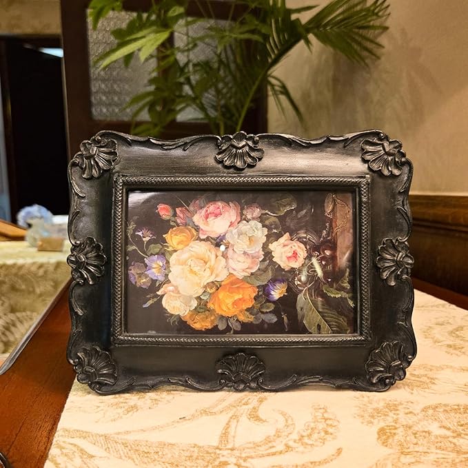 SYLVIA'S SHOP 4x6 Vintage Picture Frame, Antique Black Ornate Photo Frame, for Tabletop and Wall Display, Decorative Floral Design Retro Home Decor, Photo Gallery Art