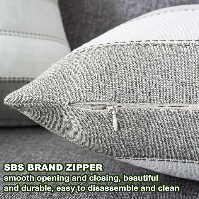 AmHoo Pack of 2 Farmhouse Stripe Check Throw Pillow Covers Set Case Cotton Linen Decorative Pillowcases Cushion Cover for Couch Bench Sofa 22x22Inch Blue Beige