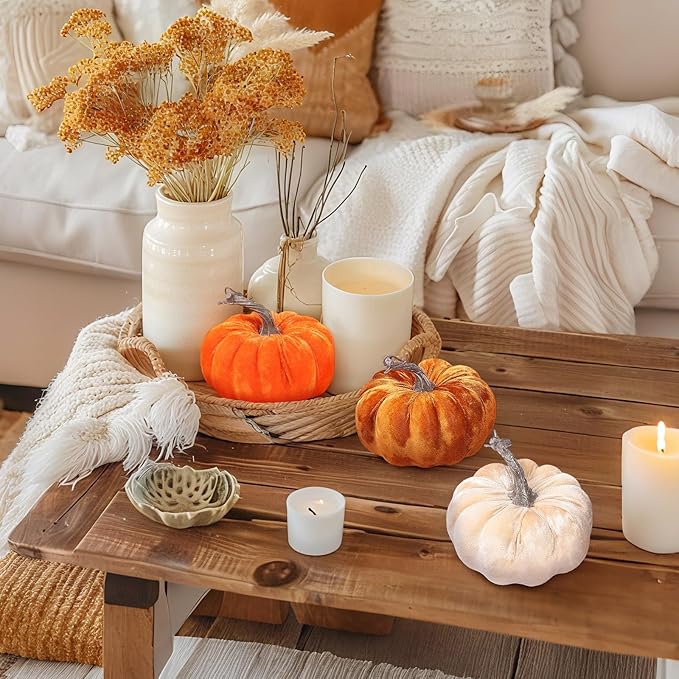 2pcs Velvet Fake Pumpkins Fall Harvest Fabric Foam Pumpkin Thanksgiving Halloween Decor for Table Centerpiece Wedding Farmhouse (2, Orange Gold, M)