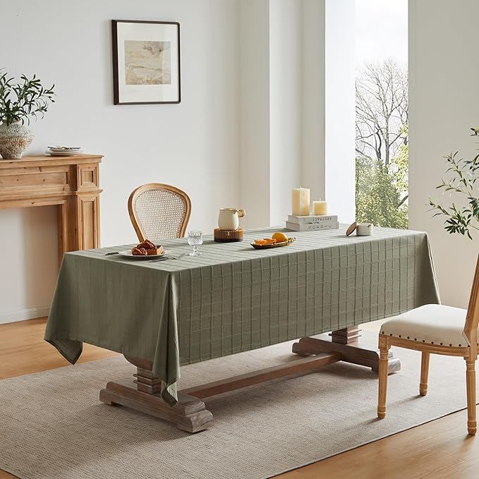 ZeeMart Linen Checked Table Cloth, Farmhouse Style Plaid Embroidered Green Tablecloth, Water Resistant Rectangle Table Cloth, Olive 60x84 Inches