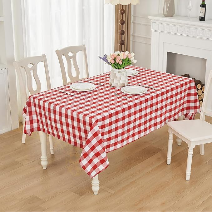 BALCONY & FALCON Rectangle Gingham Table Cloth – Water-Resistant Cotton Blend, Spill-Proof & Washable Checkered Tablecloth for Kitchen, Dining, Picnic, Party (Red White, 55x71 Inch)