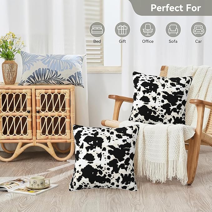 Black and White Cow Spot Print Pillow Covers 18X18 Set of 2, Cowhide Animal Skins Decorative Throw Pillow Covers, Pillowcase Cushion Case for Home Sofa Couch Indoor Outdoor Decorations