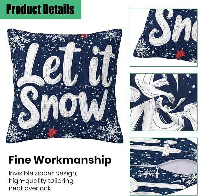 Christmas Pillow Covers 18X18, Let it Snow Decorative Throw Pillow Covers, Winter Christmas Snowflakes Pillow Cover Pillowcase Cushion Case for Home Sofa Couch Indoor Outdoor Set of 2