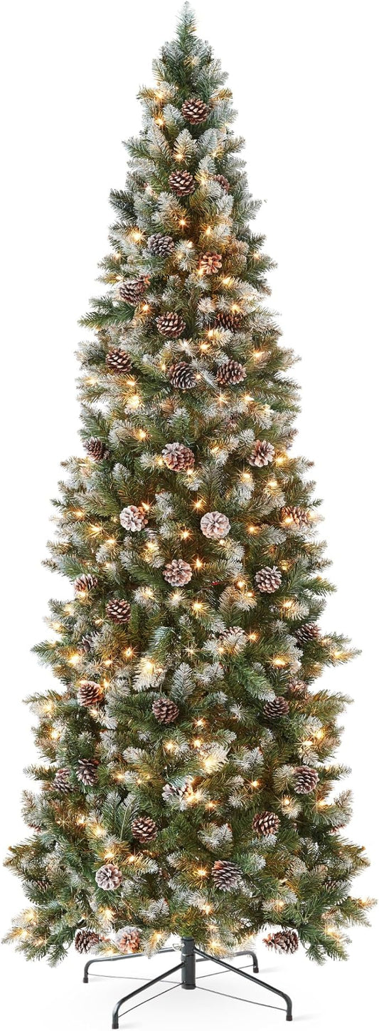 Best Choice Products 9ft Pre-lit Pencil Christmas Tree, Partially Flocked & Frosted Slim Holiday Tree Decoration, Skinny Xmas Tree, 450 Lights, 1,298 Frosted Tips, 82 Pine Cones, Foldable Stand