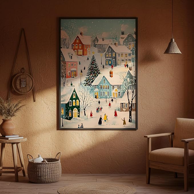 OZCONO Retro Winter Village Art, Pastel Snowy Town Christmas Decor, Cute Noel House Decor Idea, Holiday Home Accent, Cozy Seasonal Wall Artwork, Xmas Print (Unframed) (16x24)