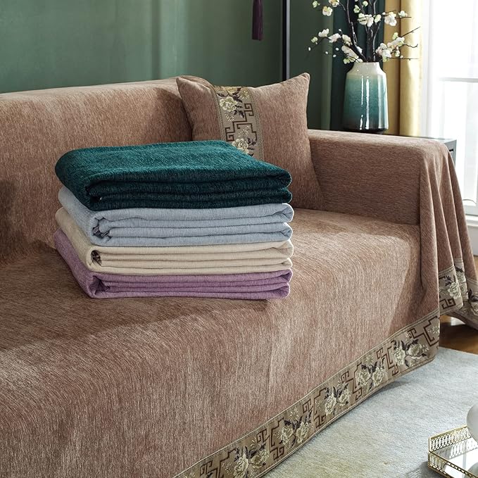 DREAMINGO Sofa Covers for 3 Cushion Couch Solid Thickened Chenille Couch Cover Multi-Use Furniture Protector Cover for Dogs Cats Luxury Jacquard Edge Universal Sofa Cover Blanket (X-Large, Brown)