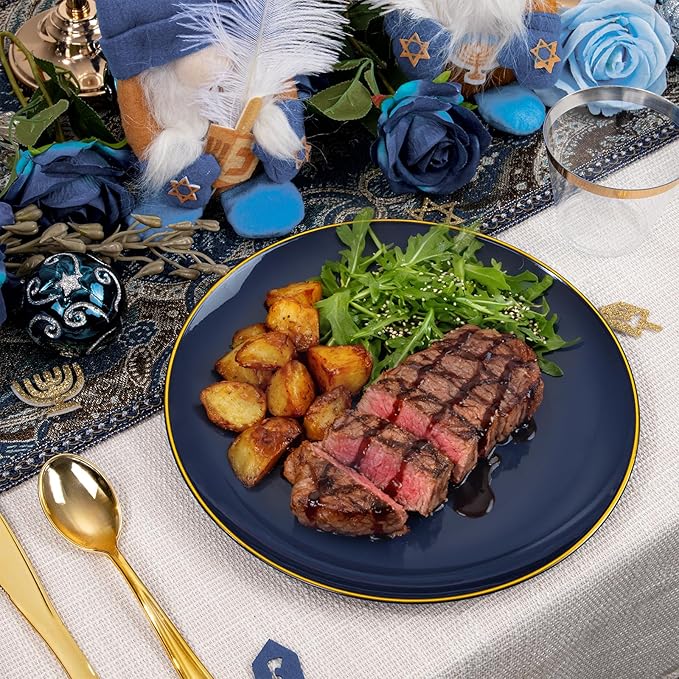 KIRE 175Pcs Blue Plastic Plates - Navy Blue Plates Disposable - 25 for Dinner 25 for Dessert 25 Pre Rolled Napkins with Gold Plastic Silverware and 25 Cups for Hanukkah/Birthday Party/Wedding