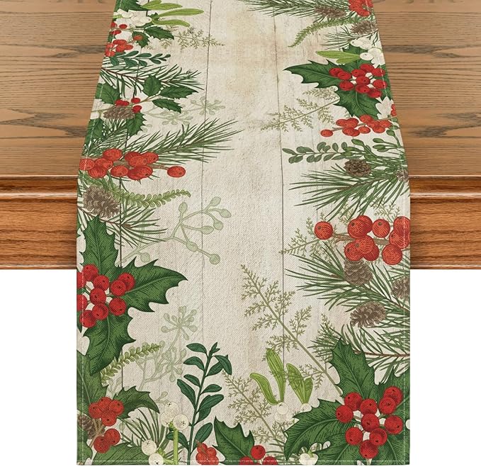 Artoid Mode Holly Fir Wood Pine Cone Leaves Christmas Table Runner, Seasonal Winter Holiday Kitchen Dining Table Decoration for Home Party Decor 13x120 Inch