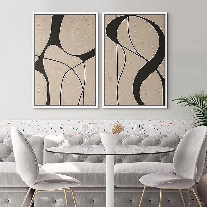 SIGNWIN Framed Canvas Print Wall Art Set Neutral Beige and Black Abstract Line Modern Minimalist Modern Art Minimal Boho Relax/Calm for Living Room, Bedroom, Office - 24"x36"x2 White