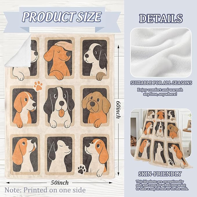 Cute Cartoon Dog Blanket, Adorable Puppy Faces Playful Style 60 x 50 Inch Flannel Warm Tones Throw Blanket, Gifts for Women Girls Kids, Lightweight Cozy Warm Blankets for Sofa Travel Home Decor