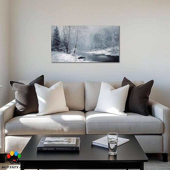 GUTTATY Christmas Winter Scene Canvas Wall Art, Snowy River Landscape Canvas Prints, Frosted Forest Picture Wall Decor Artwork for Living Room, Bedroom, Holiday Season Decoration, 16x8 Inch