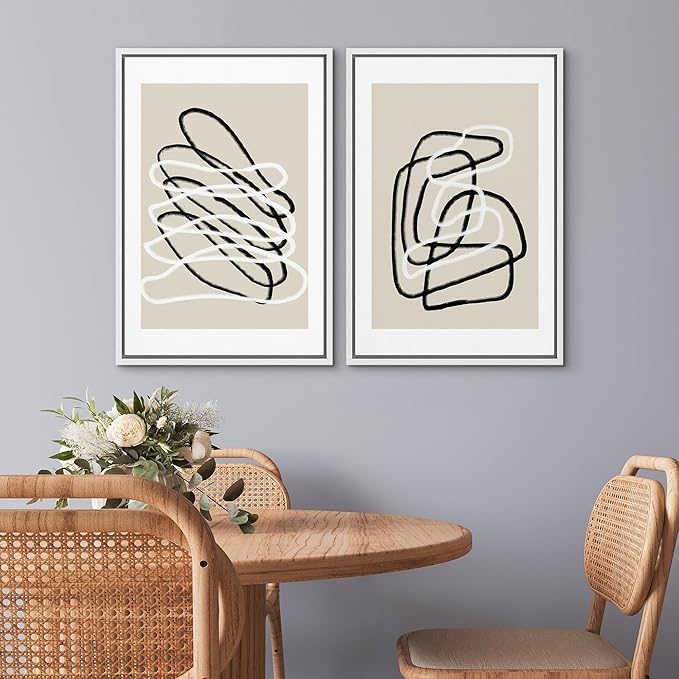 SIGNWIN Framed Wall Art Print Set Black and White Lines Tangled Tan Background Abstract Swirly Cozy Neutral Modern Art Mid-Century Modern Expressive for Living Room, Bedroom, Office - 24"x36"x2 White