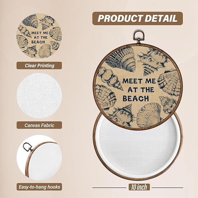 XBBMGG Coastal Seashell Wall Art Decor, Vintage Meet Me at The Beach Shell Round Wall Hanging Decor, Nautical Seashell Framed Canvas Prints for Living Room Bathroom Decorations, 10x10inch